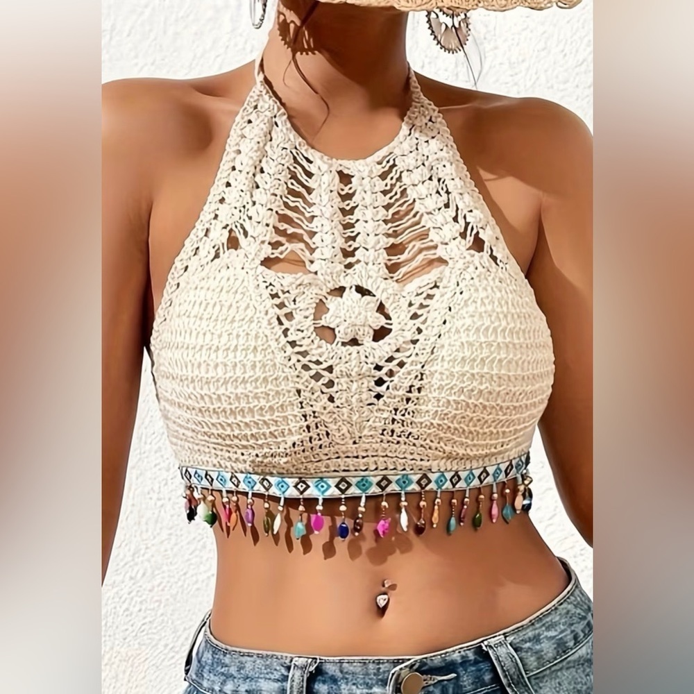 NEW Boho Mandala Crochet Halter Top Beaded Fringe Festival Size S Hippie Gypsy
